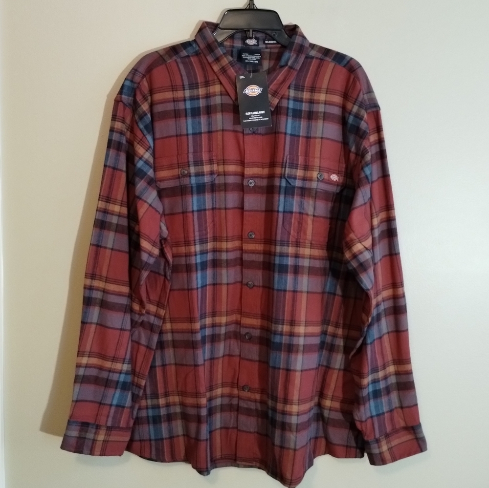 Dickies Men's FLEX Long Sleeve Button Down Flannel Work Shirt, Brick Red - NWT